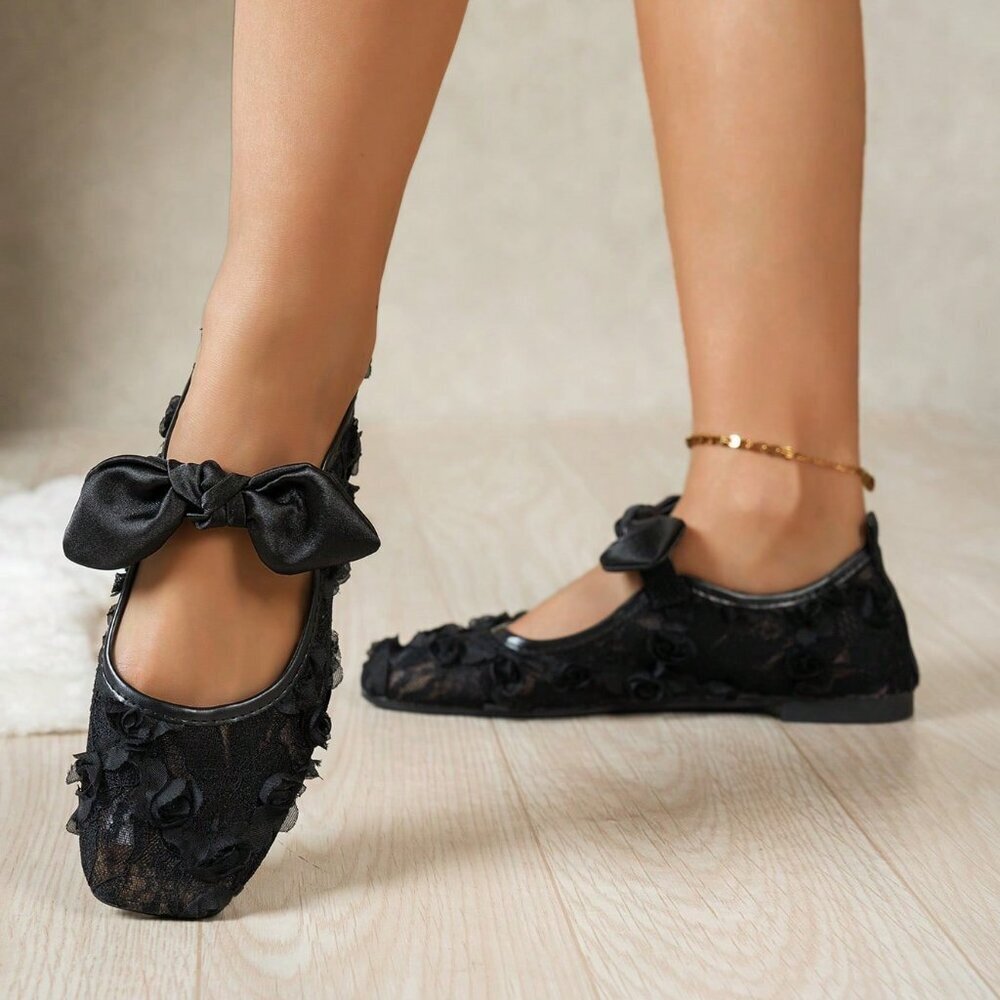 Black Elegant Women's Flower Big Bow Decor Flats - Picture 5 of 6
